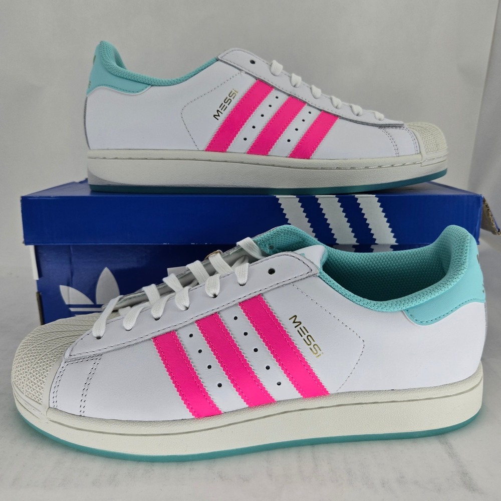 adidas Superstar Messi White Pink Aqua JR1979 Mens 9.5 Womens 10.5 New